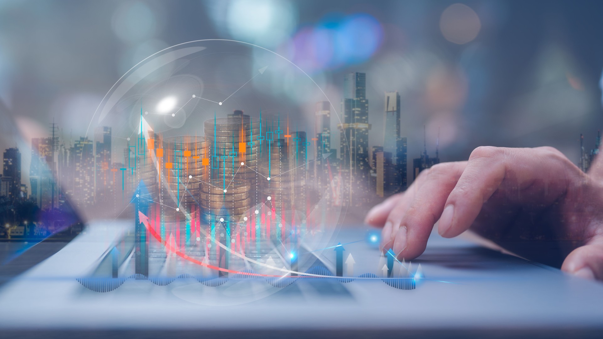 investment and finance concept, businessman using computer working at virtual trading graph and blurred coins in bubble on hand, stock market, profits and business growth